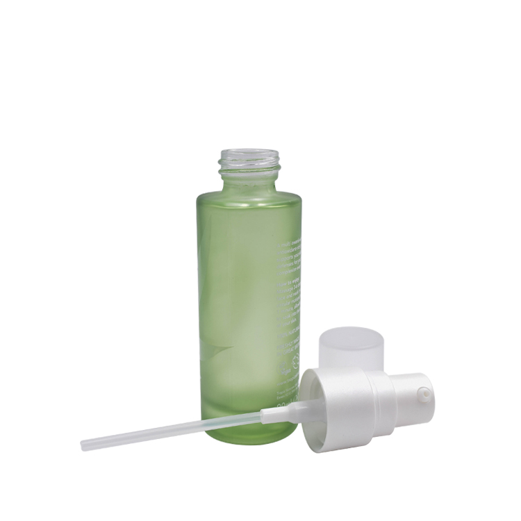 packing with printing 30ml green flat shoulder cosmetic glass bottle for liquor with white plastic pump