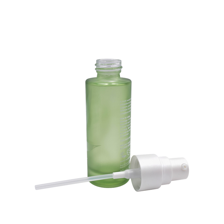 packing with printing 30ml green flat shoulder cosmetic glass bottle for liquor with white plastic pump