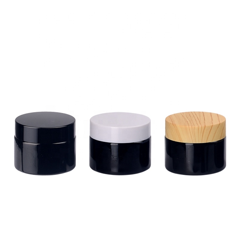 personal care 50g black glass cosmetic jar 50ml empty cream glass jar with wooden lid
