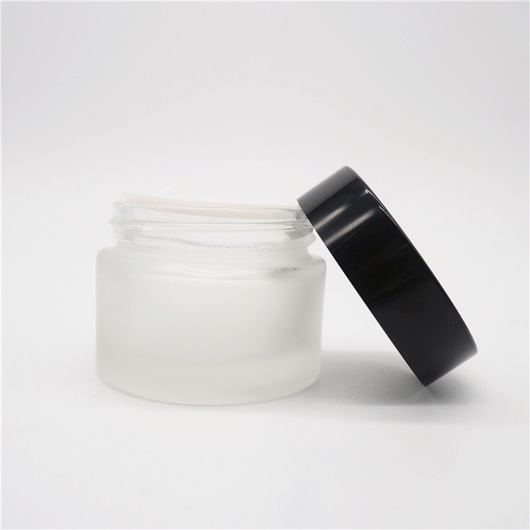 personal use cheap 50g 30g 20g white frosted wholesale glass jars and containers with black lid