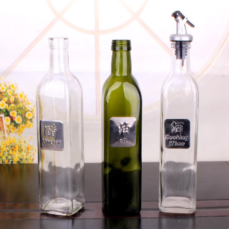 personalized empty 500ml square dark green glass olive oil dispenser bottle with pour spout