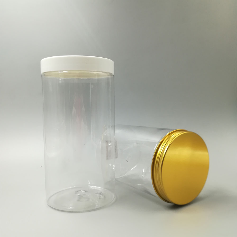pet plastic material cookie container with environmental metal caps