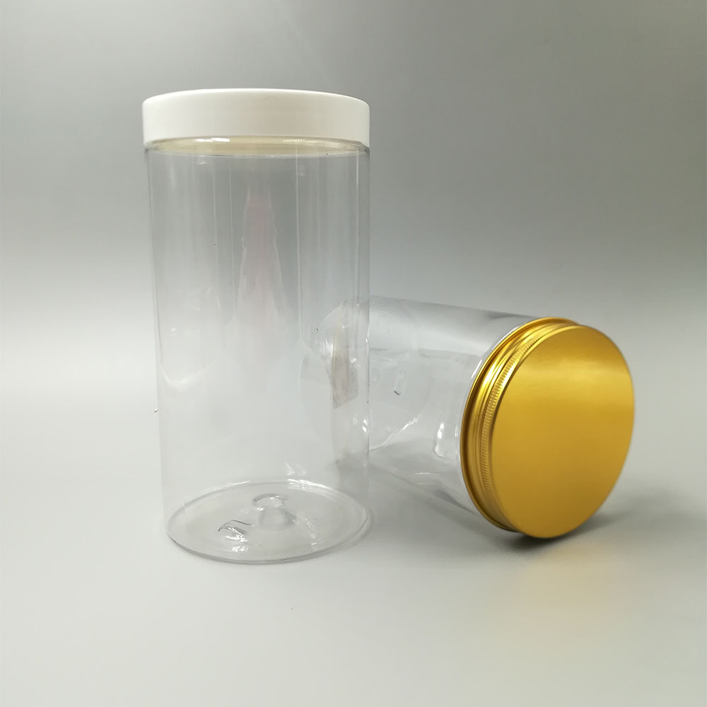 pet plastic material cookie container with environmental metal caps