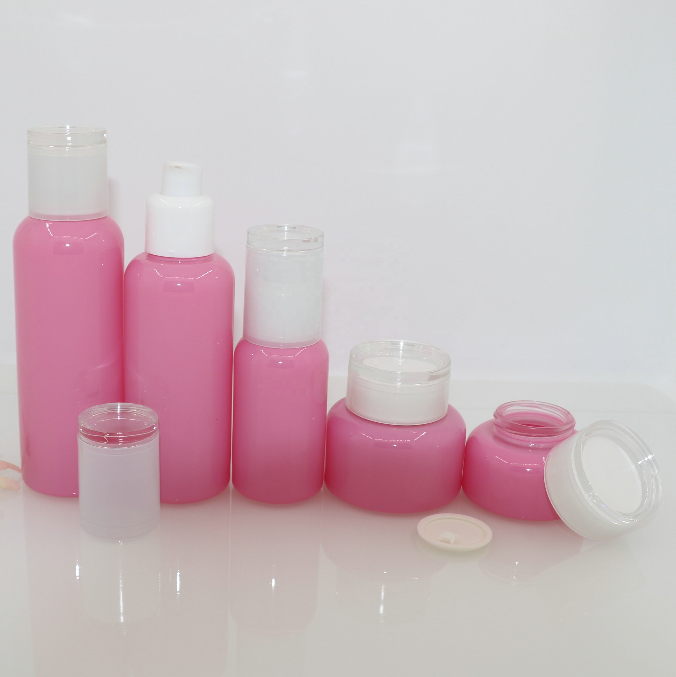 pink glass cosmetic bottle and containers 40ml 60ml lotion bottle for cosmetic packaging