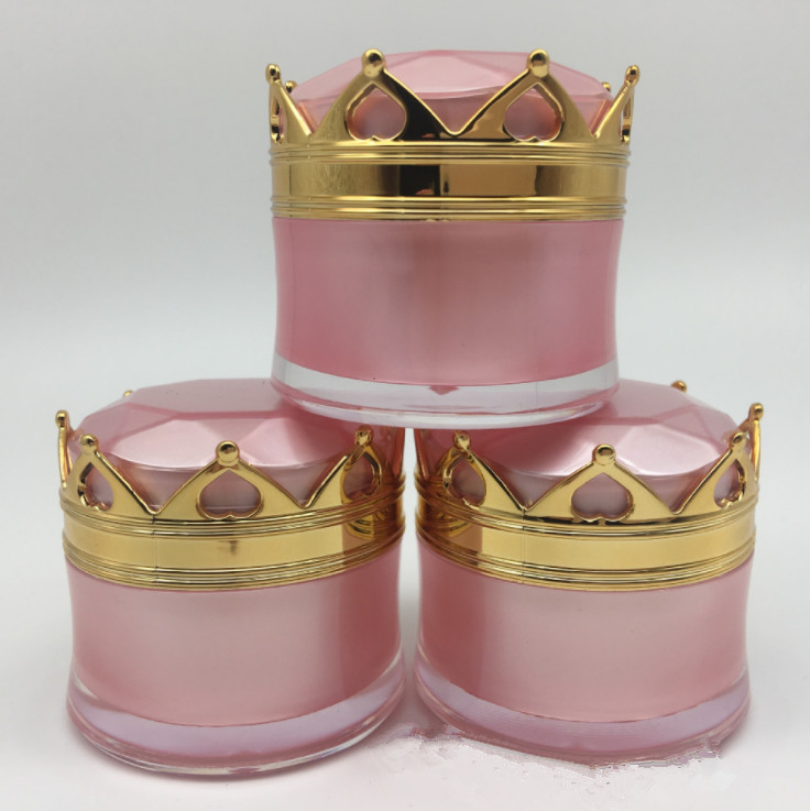 pink skin care crown shape Cream jar with the gold lids double wall acrylic type and Skin Care Cream Use plastic mason jar