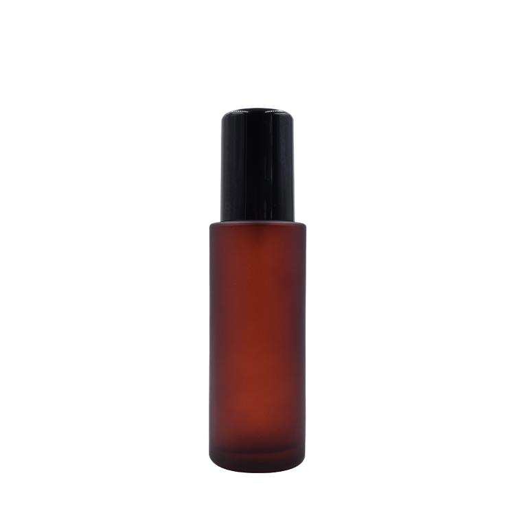 popular high quality serum 100ml fancy frosted empty matte red round pump glass bottle with black plastic pump