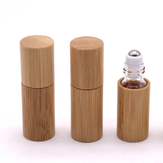 portable essential oil bottle bamboo roll on bottle glass bottle with natural bamboo cap 3ml 5ml 10ml 15ml