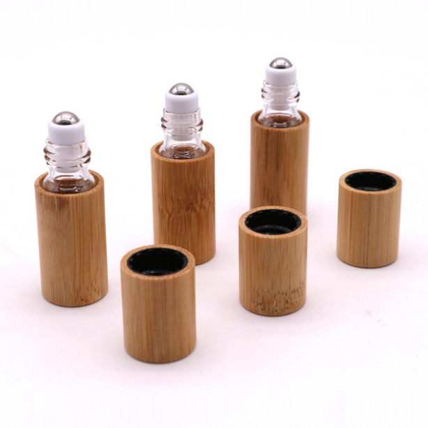 portable essential oil bottle bamboo roll on bottle glass bottle with natural bamboo cap 3ml 5ml 10ml 15ml