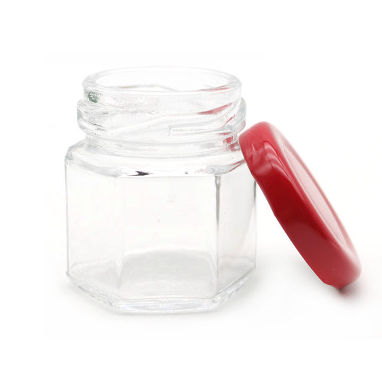 premium thick glass 1.5 oz Hexagon Mini Glass Honey Jars with airtight lids
