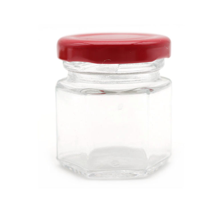 premium thick glass 1.5 oz Hexagon Mini Glass Honey Jars with airtight lids