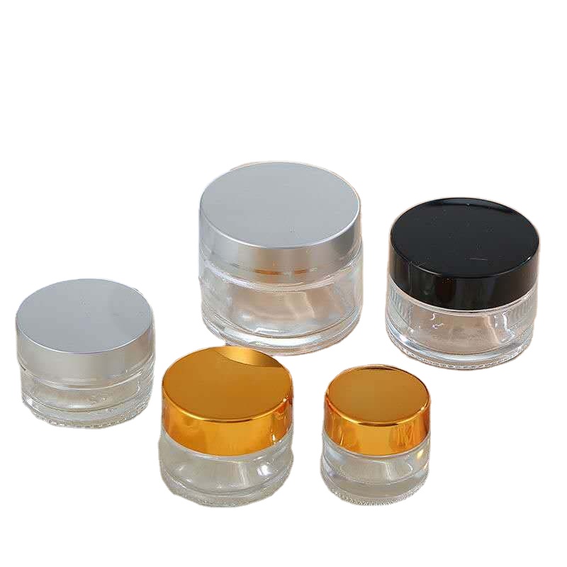 printing logo Cosmetic 5 10 15 20 30 50 100ml clear frosted glass jar with gold silver black white plastic lid for body cream