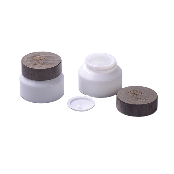 professional manufacture luxury cosmetic empty opal white glass jar with wooden cap  face cream jar