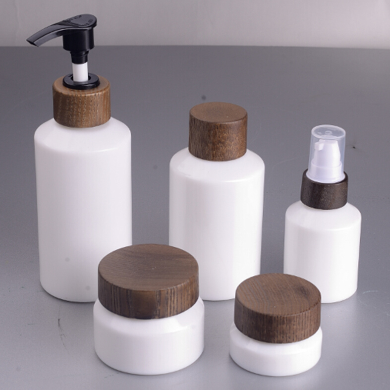 professional manufacture luxury cosmetic empty opal white glass jar with wooden cap face cream jar