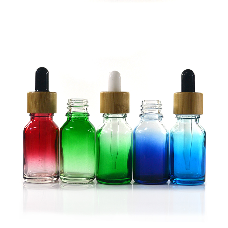 purple red blue green 15ml 30ml 60ml round cosmetic gradient glass dropper bottle with pipette and bamboo lid