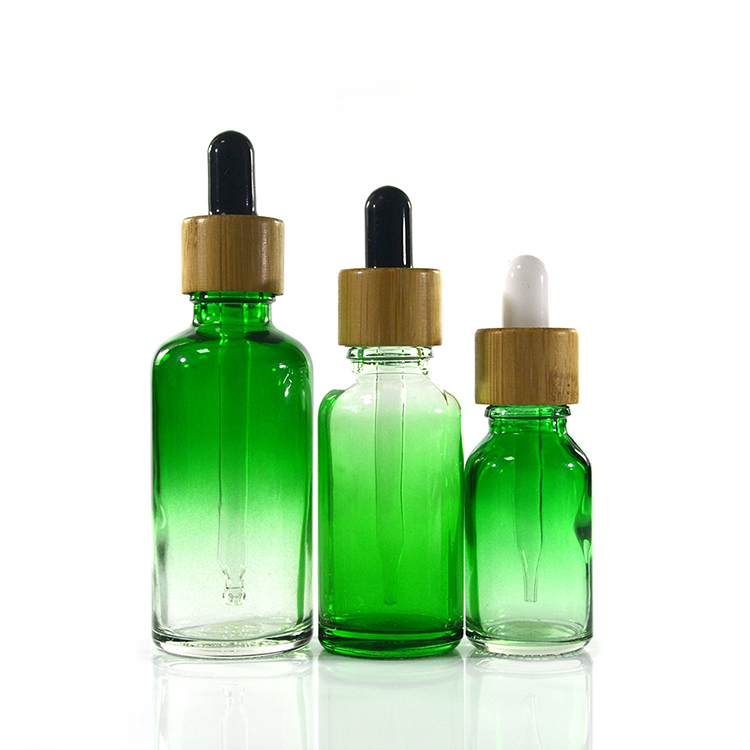 purple red blue green 15ml 30ml 60ml round cosmetic gradient glass dropper bottle with pipette and bamboo lid
