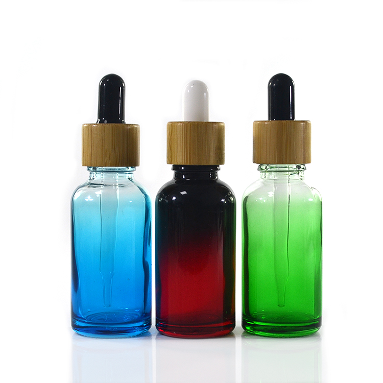 purple red blue green 15ml 30ml 60ml round cosmetic gradient glass dropper bottle with pipette and bamboo lid