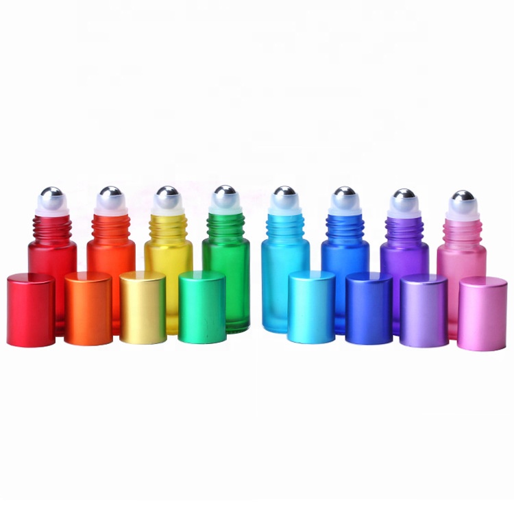rainbow colored essential oil roller bottles 5ml thick glass roller bottle with colorful aluminum lid for essential oil perfume