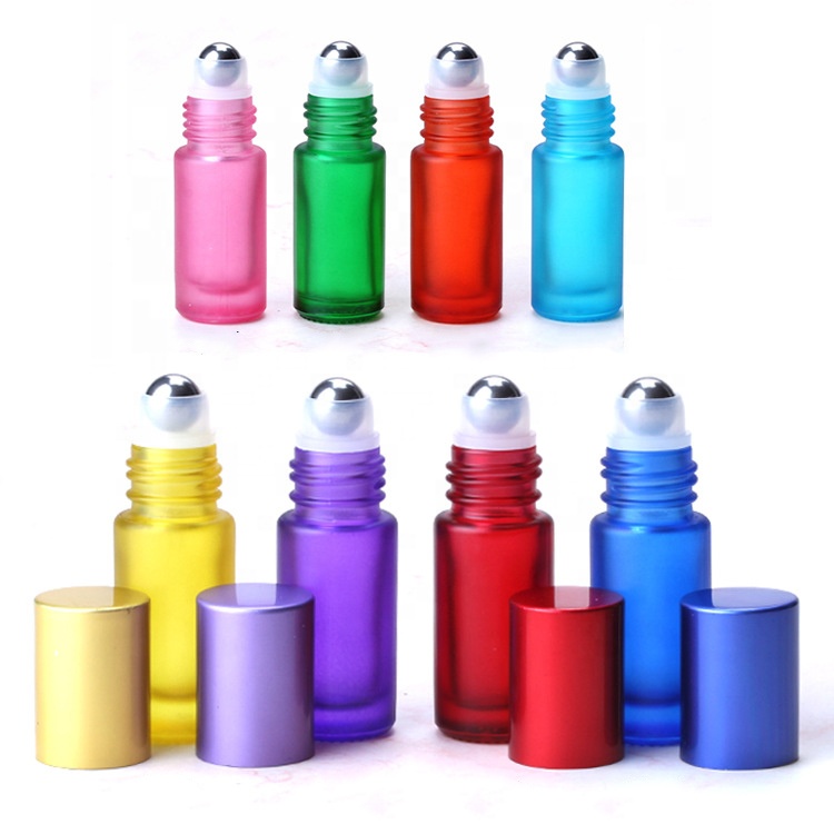rainbow colored essential oil roller bottles 5ml thick glass roller bottle with colorful aluminum lid for essential oil perfume