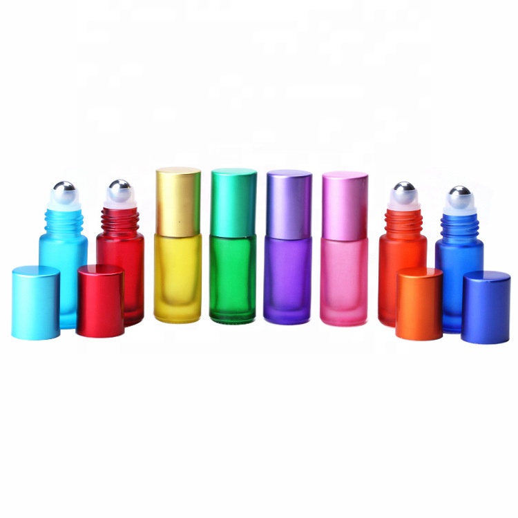 rainbow colored essential oil roller bottles 5ml thick glass roller bottle with colorful aluminum lid for essential oil perfume