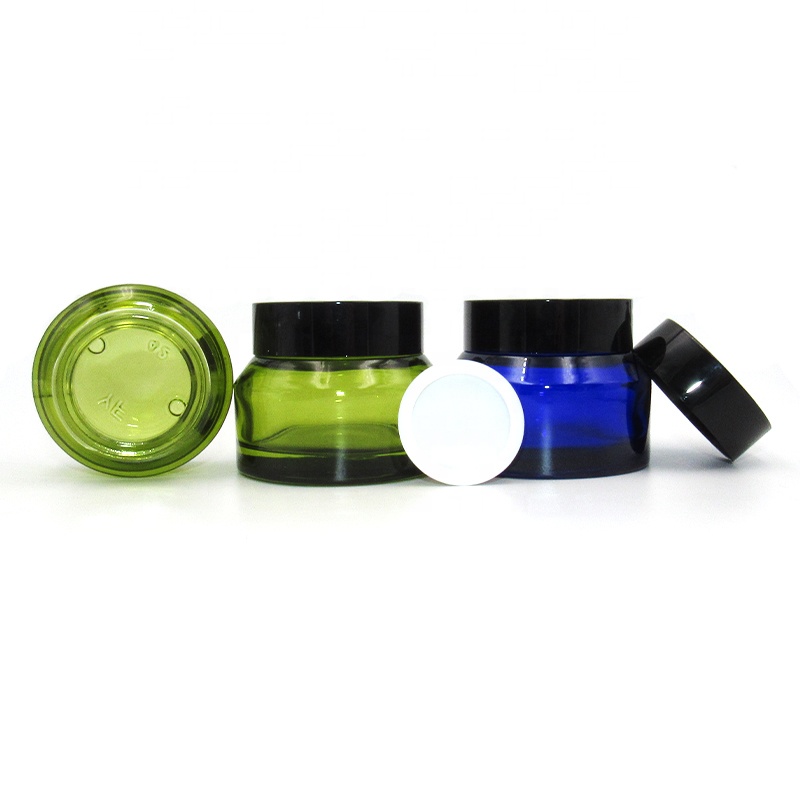 refillable 15g 30g 50g blue green inclined shoulder glass cream jar with black plastic lids