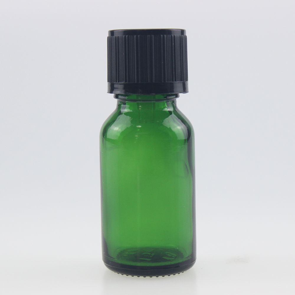 ribbed black CRC child proof cap oil euro dripper green glass round bottle