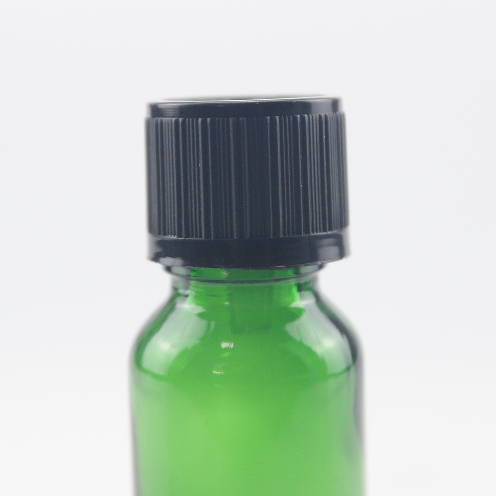 ribbed black CRC child proof cap oil euro dripper green glass round bottle