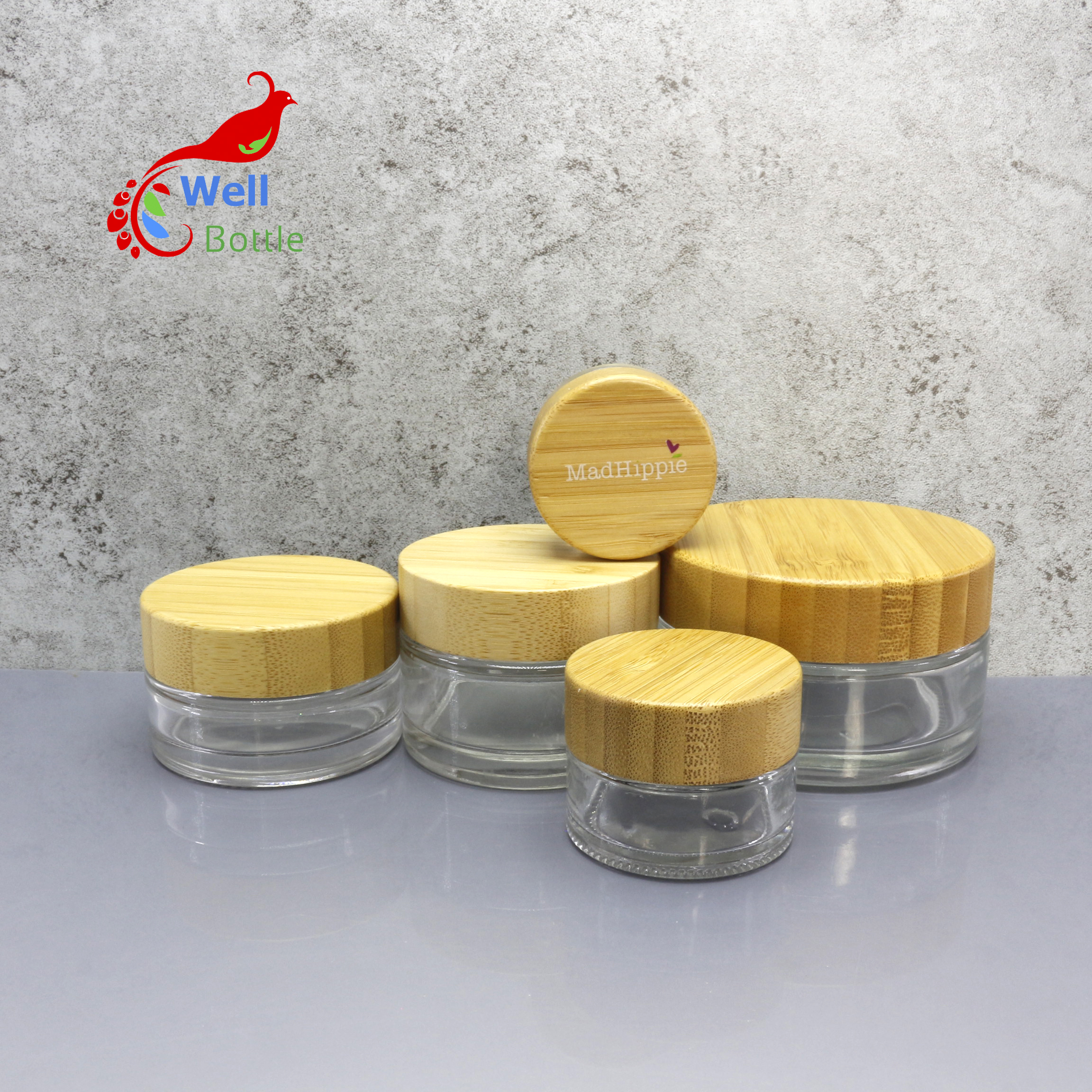 round candle glass spice storage jars with bamboo screw lid for cosmetic bamboo jar BJ-608C