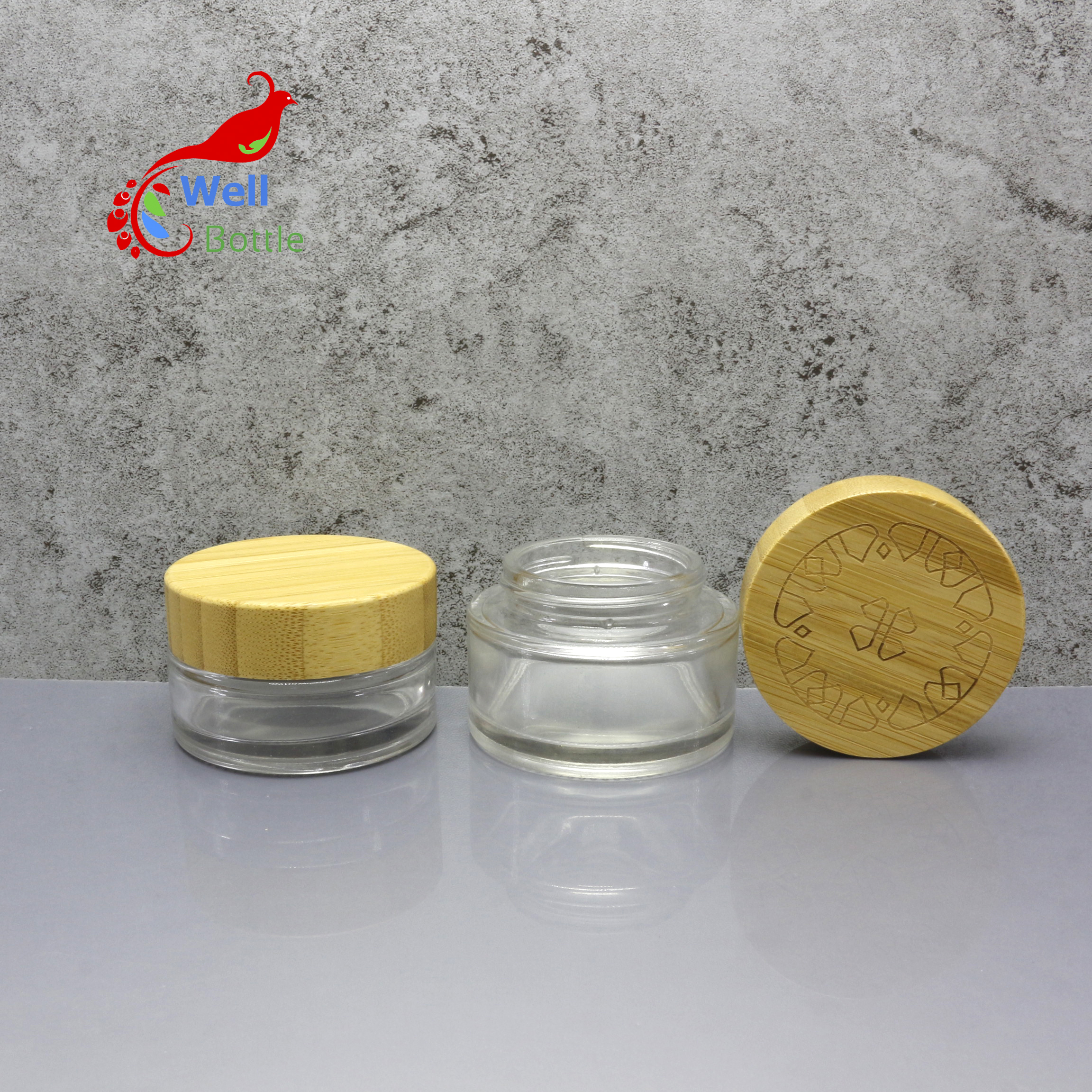 round candle glass spice storage jars with bamboo screw lid for cosmetic bamboo jar BJ-608C