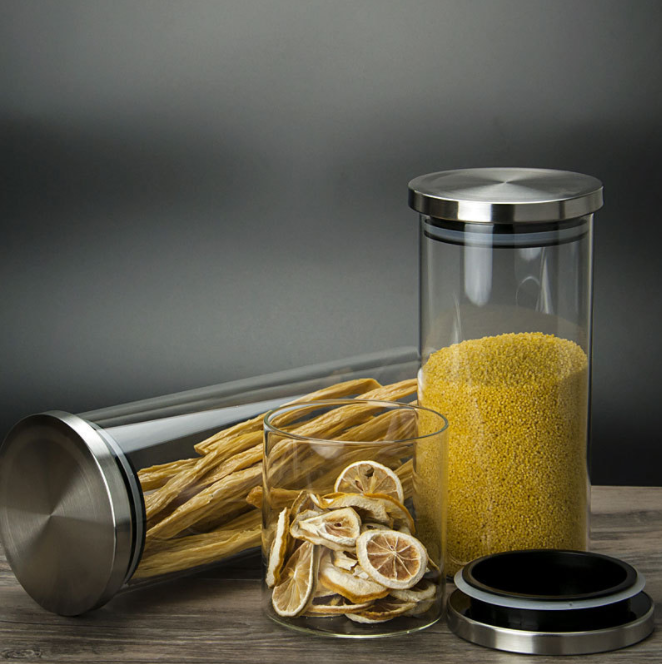 round clear airtight glass food storage bottle jar glass with stainless lid