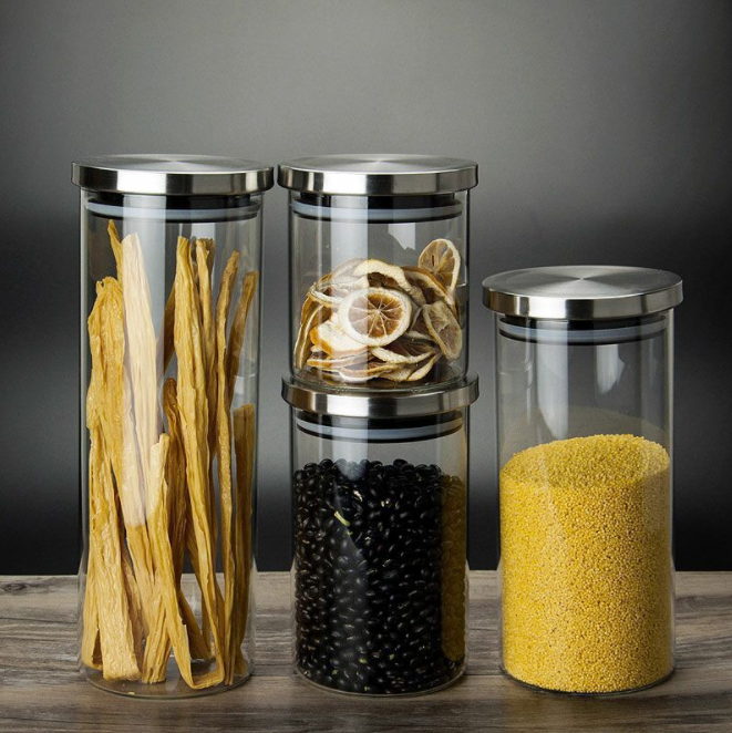 round clear airtight glass food storage bottle jar glass with stainless lid