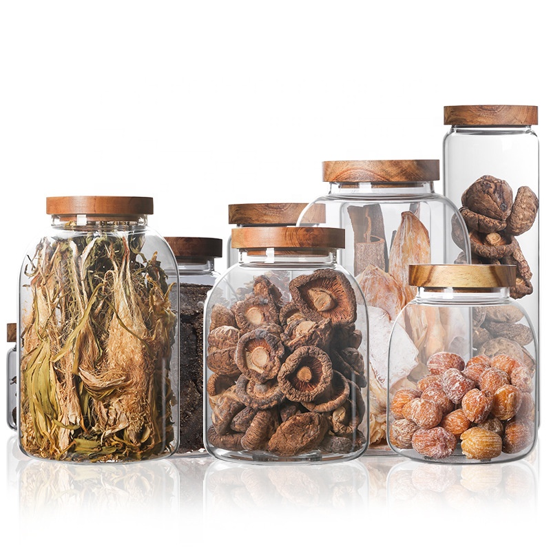 round clear food storage high borosilicate glass jar wooden lid borosilicate glass candle jar