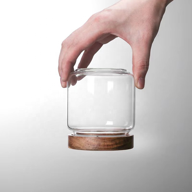 round clear food storage high borosilicate glass jar wooden lid borosilicate glass candle jar