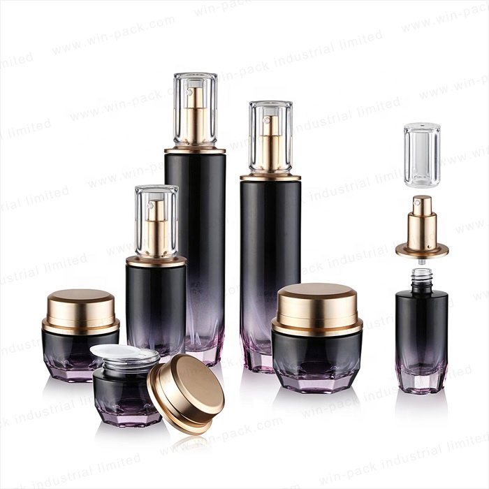 round cosmetic glass bottles glass purple lotion bottles with aluminum pump glass lotion containers
