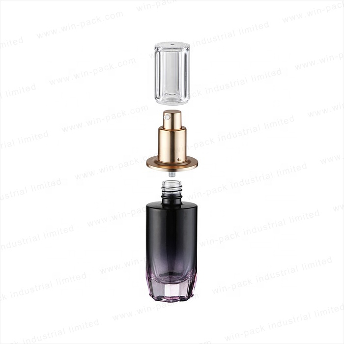 round cosmetic glass bottles glass purple lotion bottles with aluminum pump glass lotion containers