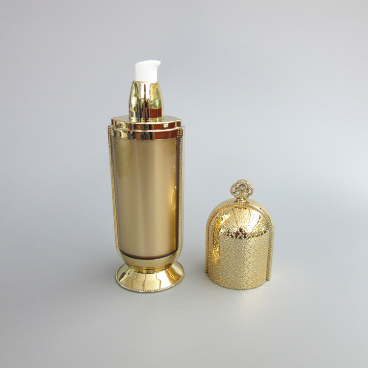 round crown shape cream acrylic bottle and jar,round gold cream bottle and jar for cosmetic packaging