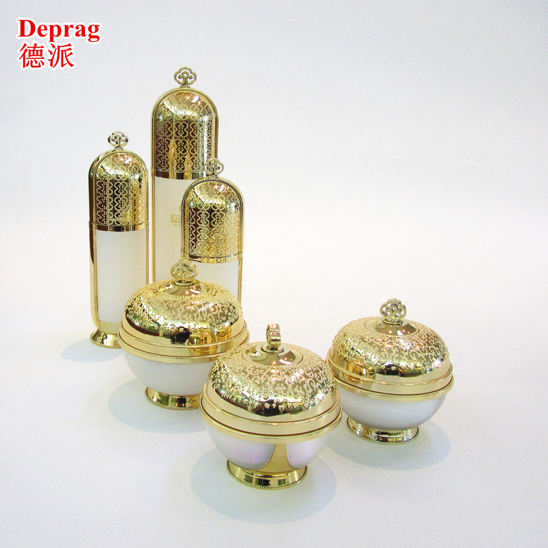 round crown shape cream acrylic bottle and jar,round gold cream bottle and jar for cosmetic packaging