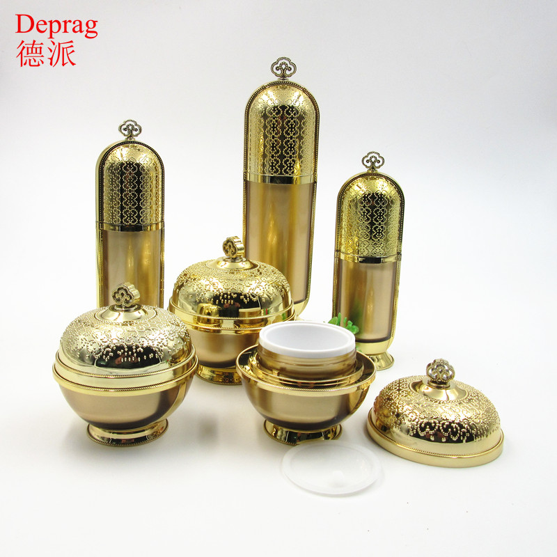 round crown shape cream acrylic bottle and jar,round gold cream bottle and jar for cosmetic packaging