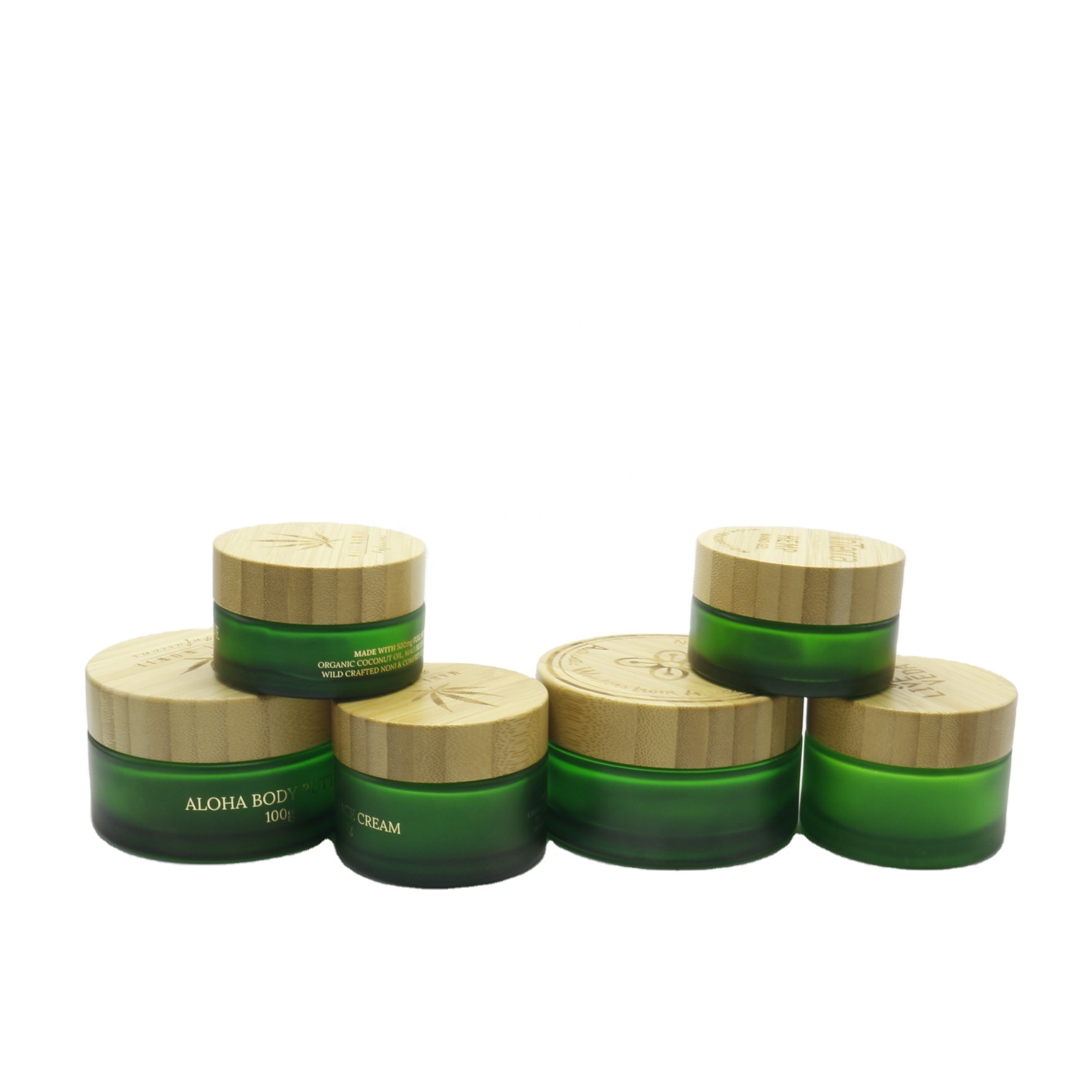 round empty cosmetic container 30ml  frosted green glass eye cream jar with bamboo wood lid GJ-257K
