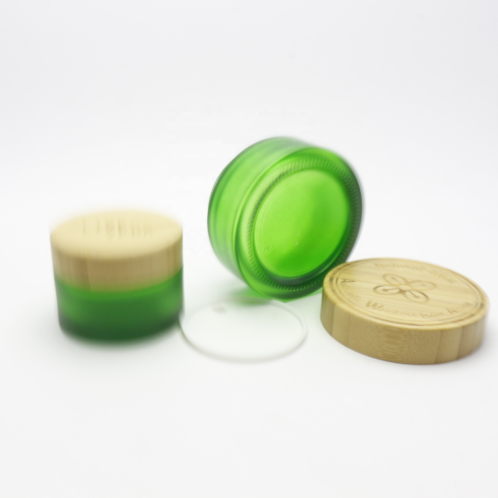 round empty cosmetic container 30ml frosted green glass eye cream jar with bamboo wood lid GJ-257K