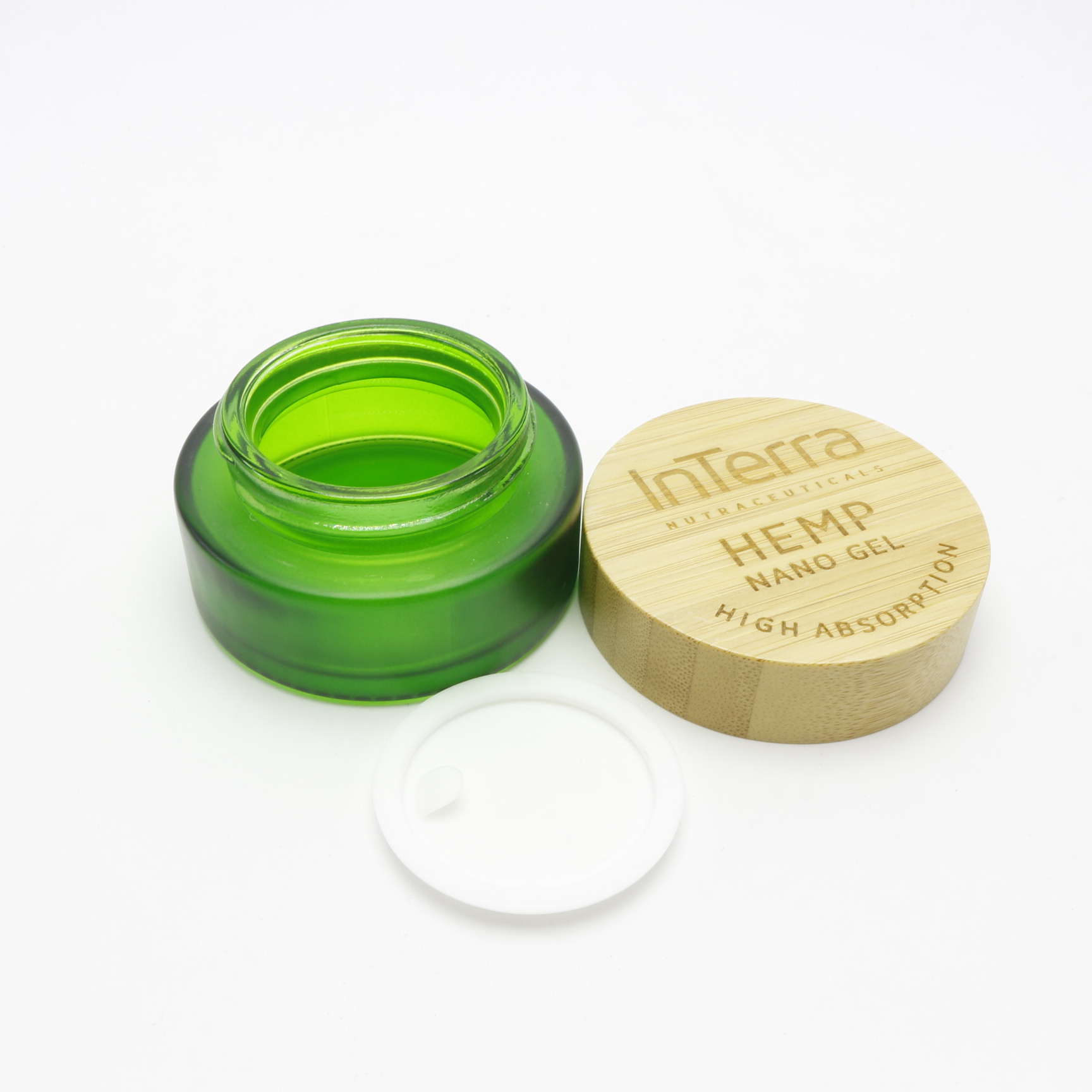 round empty cosmetic container 30ml frosted green glass eye cream jar with bamboo wood lid GJ-257K