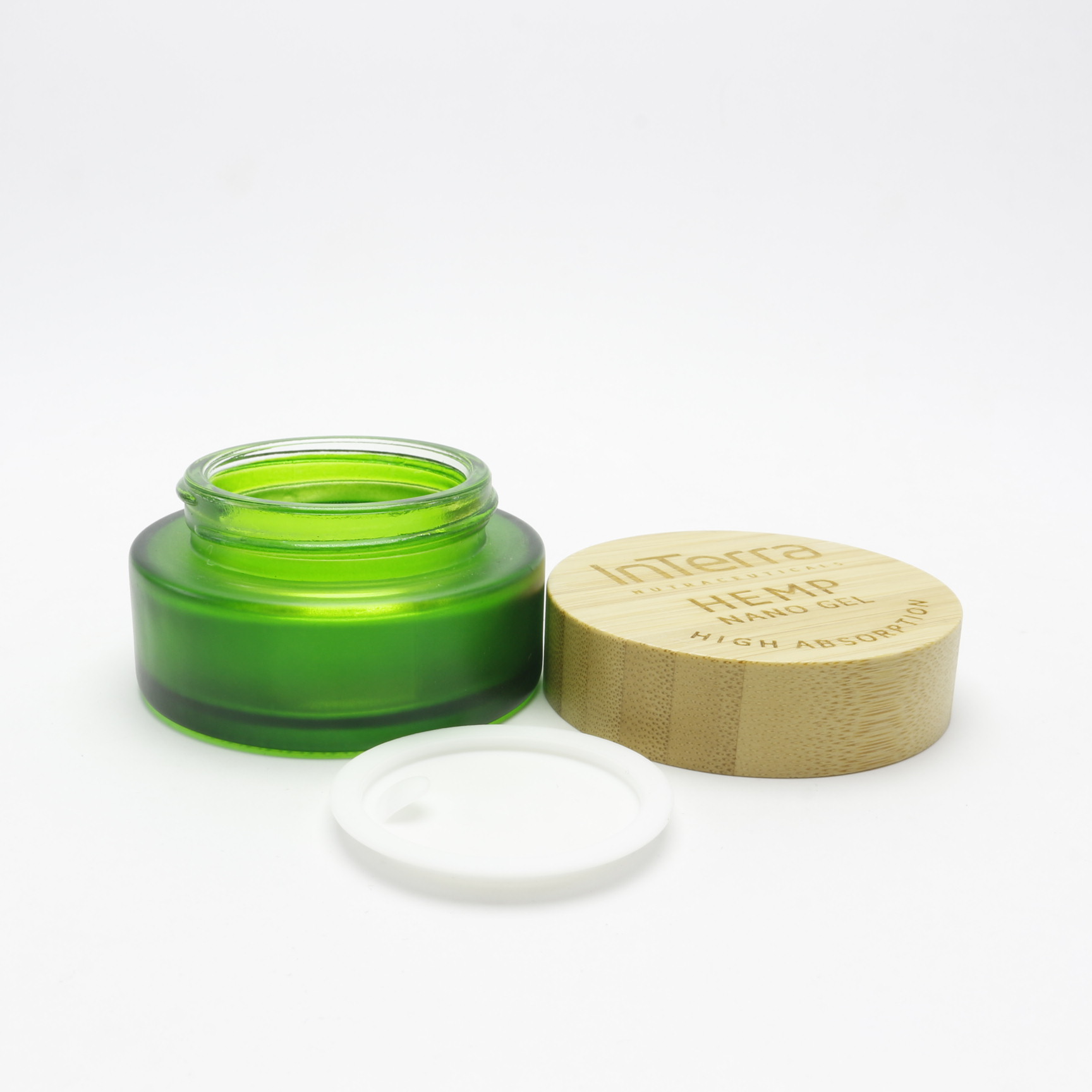 round empty cosmetic container 30ml frosted green glass eye cream jar with bamboo wood lid GJ-257K