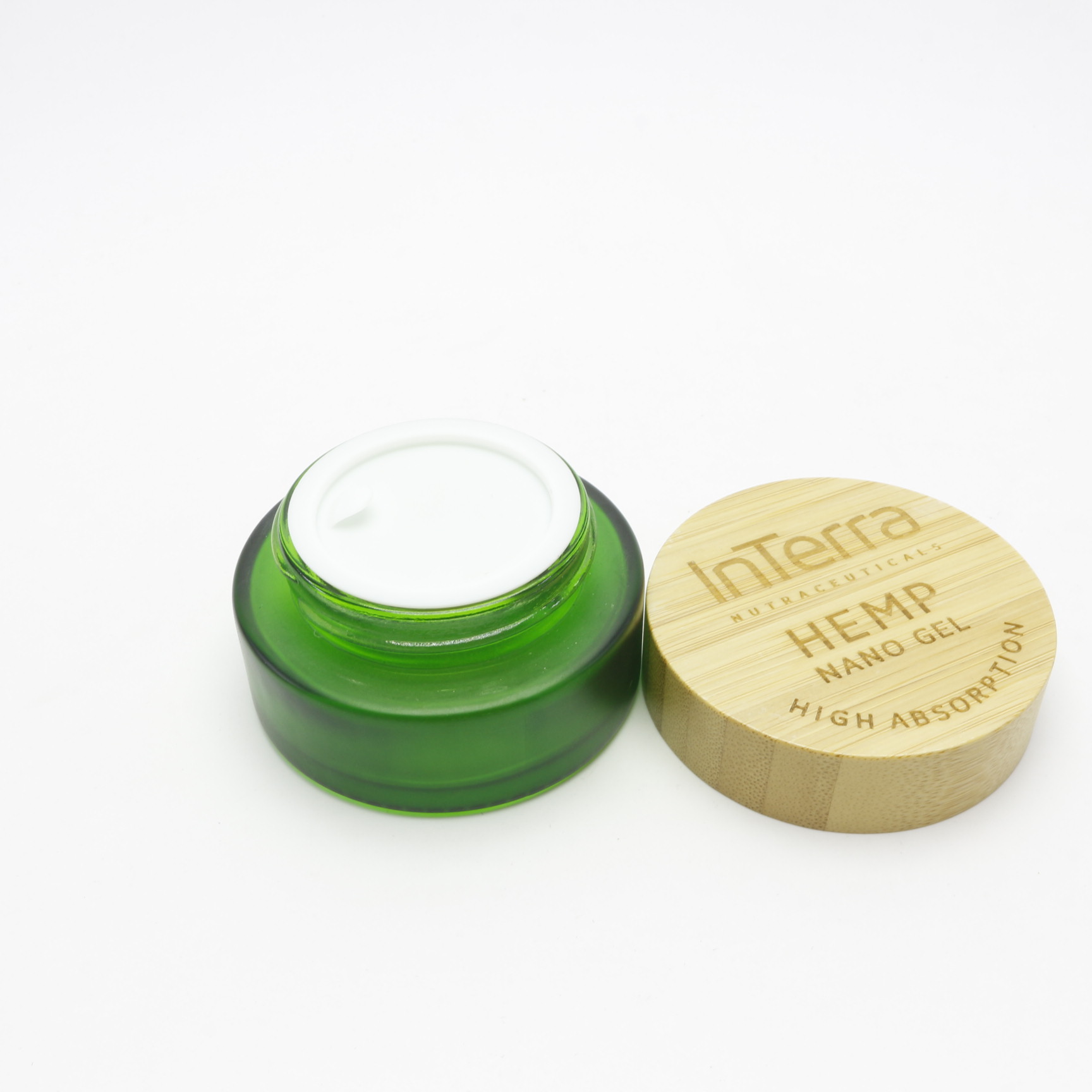 round empty cosmetic container 30ml frosted green glass eye cream jar with bamboo wood lid GJ-257K