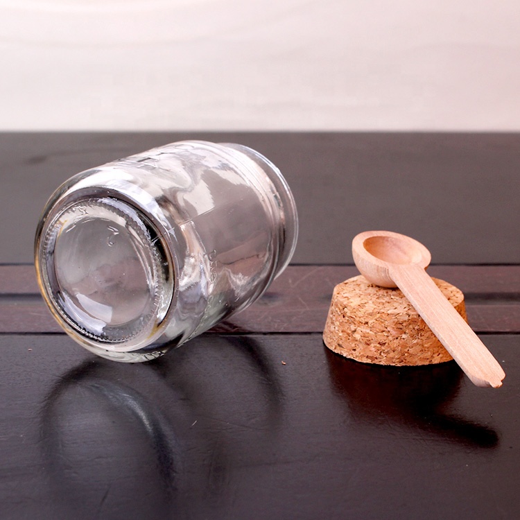 round glass spice storage jar120ml with cork lid and wood spoon