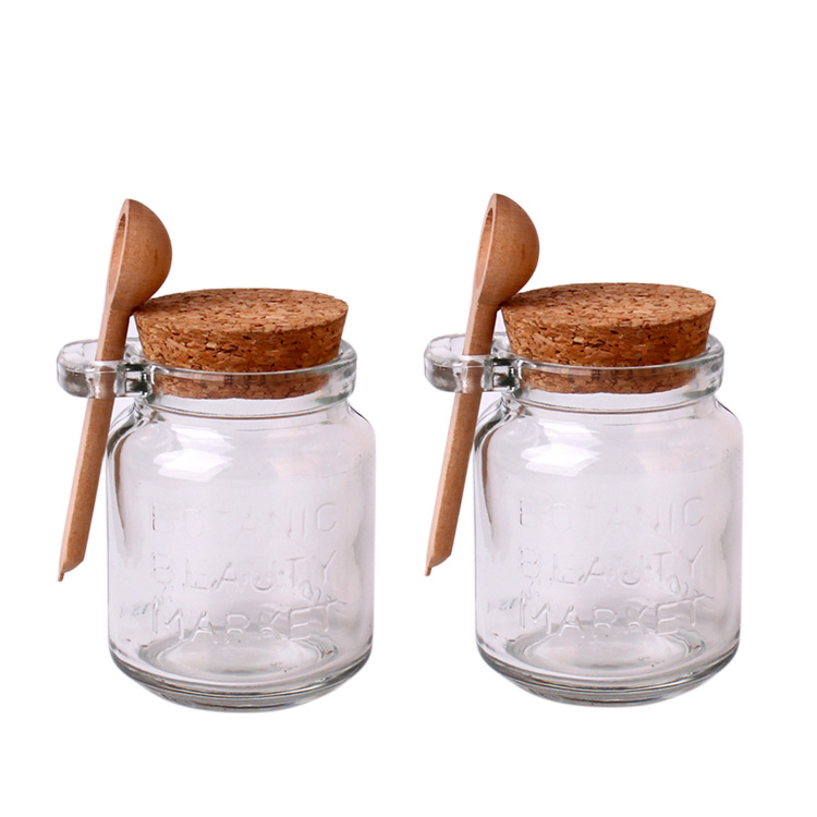 round glass spice storage jar120ml with cork lid and wood spoon