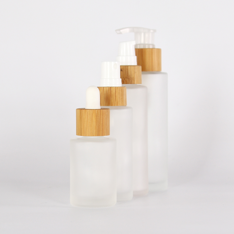round pump wood lid cosmetic glass bottle matte Bottle With Bamboo Spray