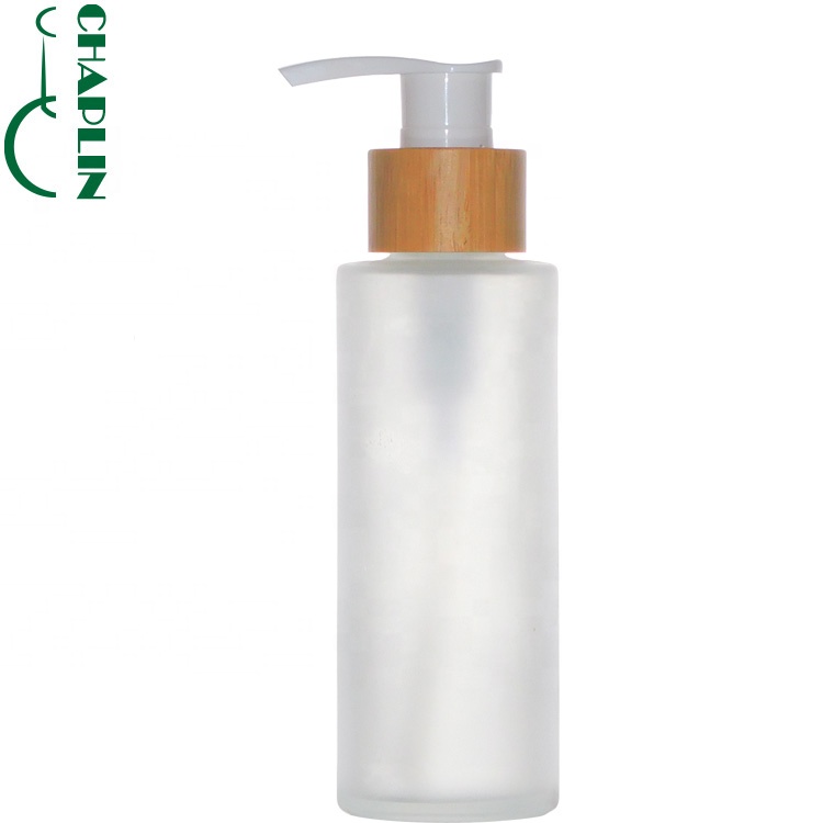 round pump wood lid cosmetic glass bottle matte  Bottle With Bamboo Spray