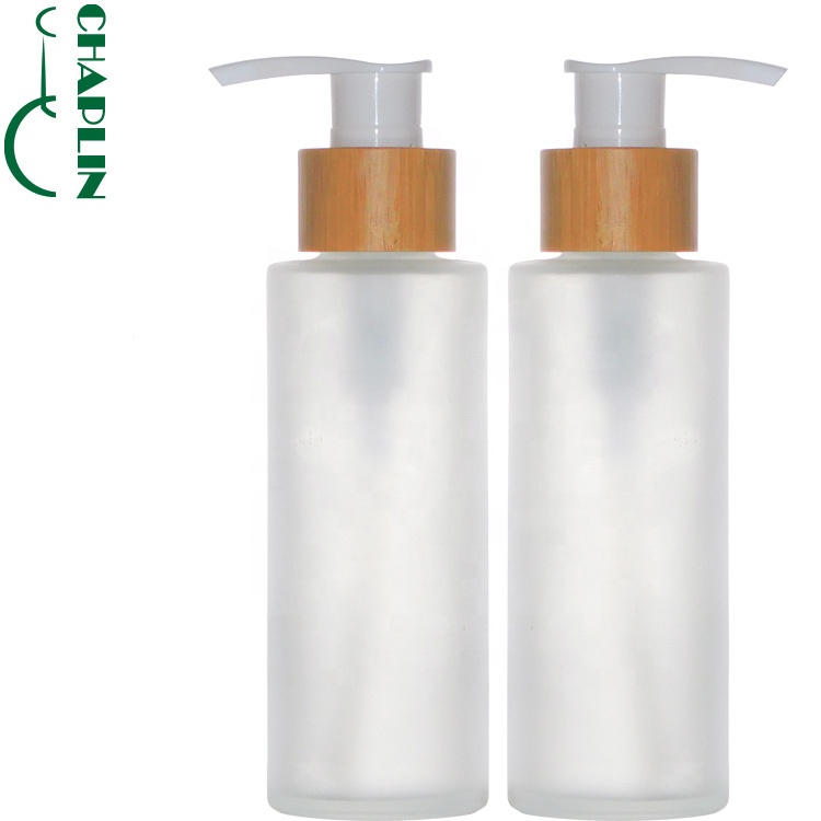 round pump wood lid cosmetic glass bottle matte Bottle With Bamboo Spray