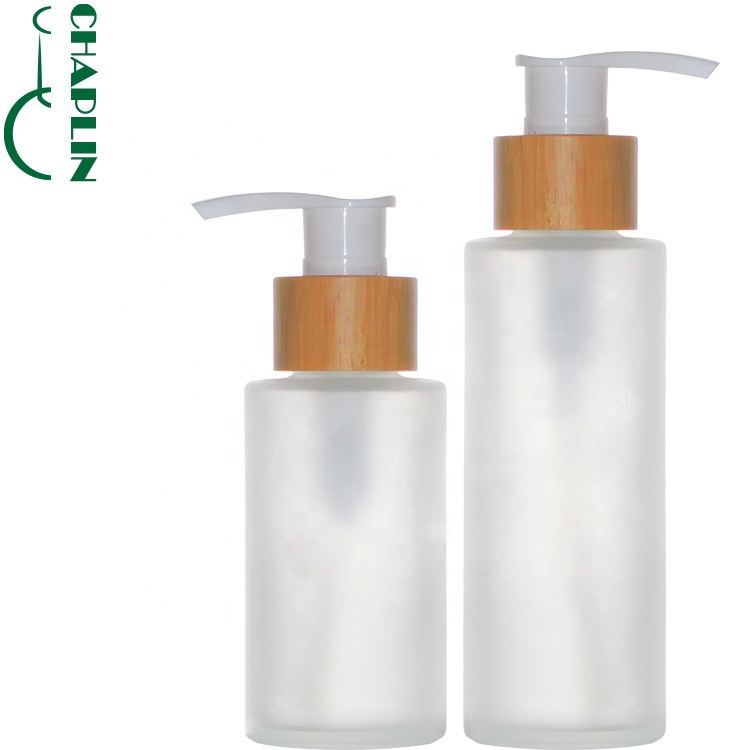 round pump wood lid cosmetic glass bottle matte Bottle With Bamboo Spray