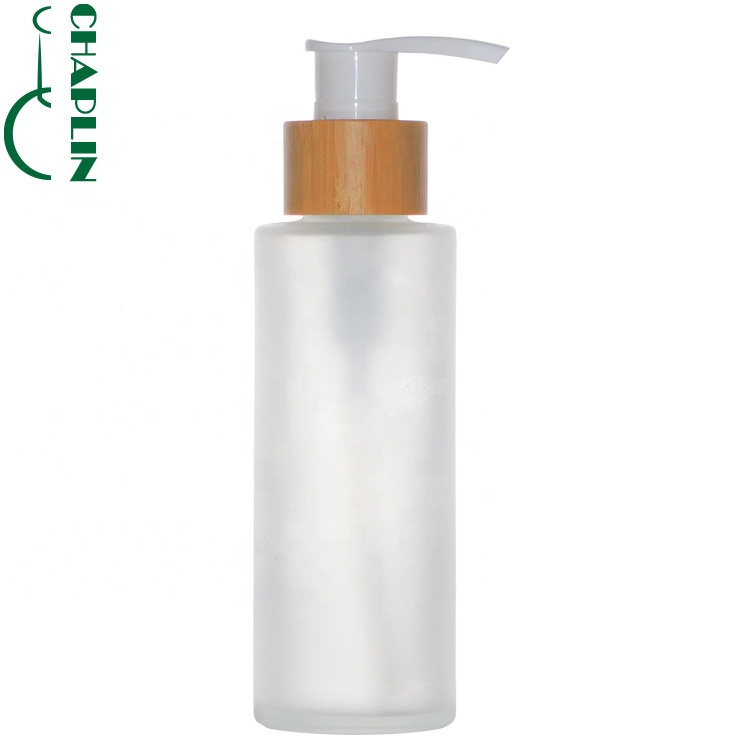 round pump wood lid cosmetic glass bottle matte Bottle With Bamboo Spray