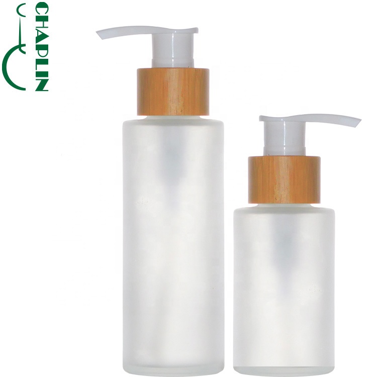 round pump wood lid cosmetic glass bottle matte Bottle With Bamboo Spray